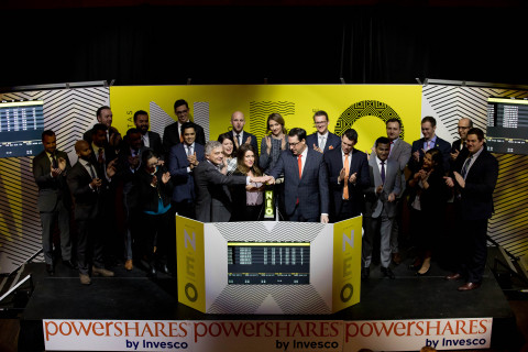 Invesco Canada Ltd. (“Invesco”), including PowerShares Canada Vice President of Product and Business Development, Christopher Doll, joined Jos Schmitt, President and Chief Executive Officer, Aequitas NEO Exchange Inc. (“NEO Exchange”), to open the market in celebration of two new PowerShares exchange-traded-funds (ETFs), representing five ticker symbols, launching on the NEO Exchange. PowerShares ETFs seek to outperform traditional benchmark indexes while providing advisors and investors access to an innovative array of focused investment opportunities. The two high-dividend, low-volatility PowerShares ETFs commenced trading on the NEO Exchange on March 7, 2017. The two new funds are PowerShares S&P 500 High Dividend Low Volatility Index ETF (UHD, UHD.U, UHD.F) and PowerShares S&P Global ex. Canada High Dividend Low Volatility Index ETF (GHD, GHD.F). (Photo: Business Wire)