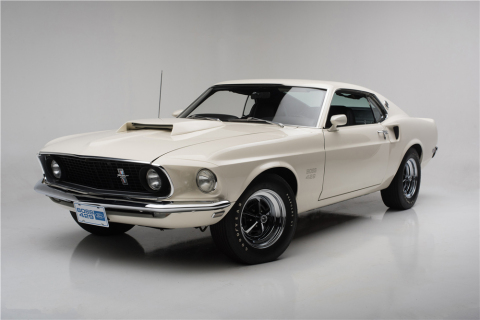 A ’69 Ford Mustang Boss 429, known as KK #1717, is one of 271 cars made in Wimbledon White and came well-equipped from the factory and will cross the Barrett-Jackson Auction block in Palm Beach. (Photo: Business Wire)