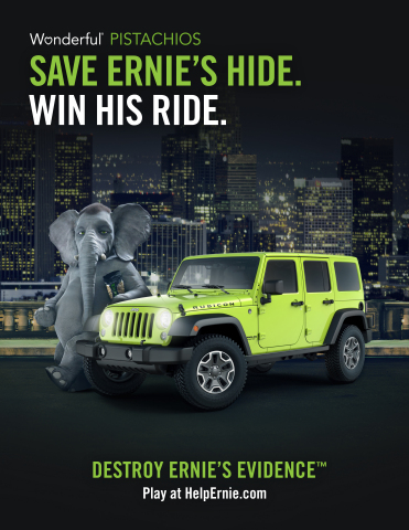 Wonderful Pistachios’® wild interactive gaming experience, “Destroy Ernie’s Evidence,” featuring its biggest star, Ernie the Elephant, leads pistachio fans through a series of online games released every two weeks on HelpErnie.com. Gamers can get crackin’ to solve the mystery of Ernie’s night of mischief and find his missing SD card with incriminating footage from partying with the Squirrel Sisters. Explore interactive environments, hunt for clues and enter to win prizes until the video is recovered and the grand prize is claimed. With $100,000 in fabulous prizes, pistachios fans can play now through June 30, 2017 for their chance to win the grand prize Jeep® Wrangler Rubicon and help Ernie destroy his evidence. (Graphic: Business Wire)