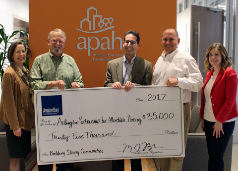 APAH's Nina Janopaul and John Milliken accept AvalonBay's $35,000 donation from Matt Birenbaum, Mark Delisi and Christine McElhinney (Photo: Business Wire)