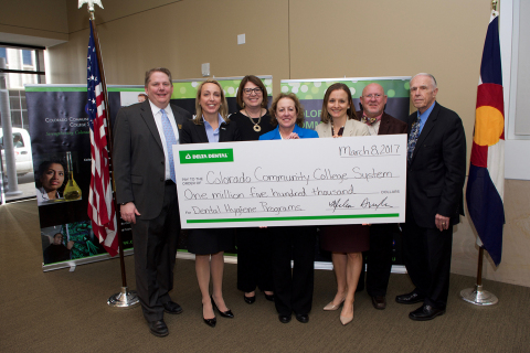 Left to right: Adam Cermak, Executive Director of the Foundation for Colorado Community Colleges; Kathryn Albright, Vice Chair of the Foundation for Colorado Community Colleges; Helen Drexler, President and CEO of Delta Dental of Colorado; Dr. Nancy McCallin, President of the Colorado Community College System; Allison Cusick, Executive Director of the Delta Dental of Colorado Foundation; Dr. Russell Meyer, Chair of the State Board for Community Colleges and Occupational Education (SBCCOE); and, Presley Askew, SBCCOE Liaison to the Foundation for Colorado Community Colleges. (Photo: Business Wire)