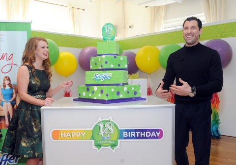 "Dancing with the Stars" sensation Maksim Chmerkovskiy and "Adulting" author Kelly Williams Brown celebrate Swiffer's 18th birthday, Thursday, March 16, 2017, in New York.  Swiffer has been America's original cleaning hack since 1999. (Photo by Diane Bondareff/Invision for Swiffer/AP Images)