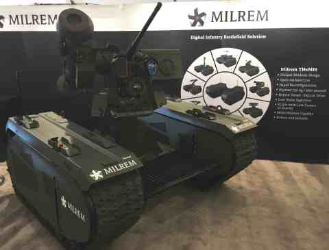 Milrem's fully modular unmanned ground vehicle THeMIS equipped with KONGSBERG PROTECTOR Remote Weapon Station (Photo: Business Wire)