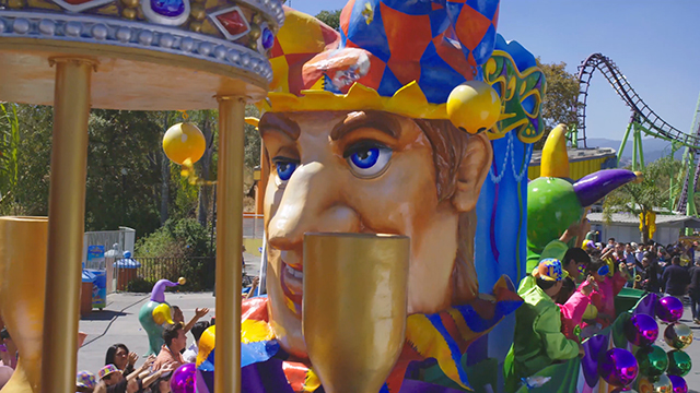 MARDI GRAS COMES TO SIX FLAGS FIESTA TEXAS MARCH 24-APRIL 30 - Join in the party atmosphere as Six Flags Fiesta Texas in San Antonio celebrates Mardi Gras every day the park is open March 24 - April 30.  The Festival includes a daily parade featuring authentic New Orleans-style floats, classic Cajun cuisine and live entertainment, including the King William Brass Band.  (B-roll, no sound).