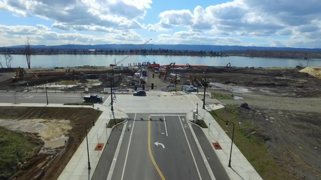 Bird’s eye view drone footage of groundbreaking on The Grant Street Pier — 9 and 12 in Vancouver, Washington.