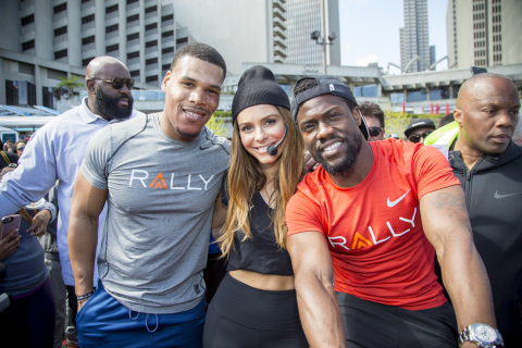 Thousands came out to San Francisco’s Justin Herman Plaza today to join Rally Health and Rally Health Ambassadors actor/comedian Kevin Hart, E! News host Maria Menounos and Los Angeles Chargers running back Melvin Gordon at the Rally HealthFest. This free event was held to show the community how making simple lifestyle changes can be fun and help improve overall health. Here, Ron "Boss" Everline, Menounos and Hart smile for the camera. (Photo: Business Wire)