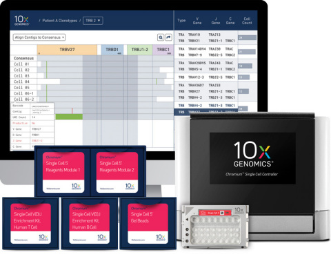 The Chromium™ Single Cell V(D)J Solution enables the scalable identification of paired T-cell transcripts from hundreds to millions of lymphocytes, an essential capability for immunotherapy development and proliferation (Graphic: Business Wire)