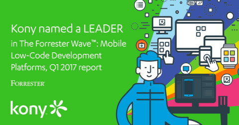 Independent research firm, Forrester, just published a new report on Mobile Low-Code App Development Platforms and Kony achieved the highest overall rating in current offering, after a rigorous evaluation process of research, analysis and scoring of 11 companies based on a 24-criteria.  (Graphic: Business Wire)