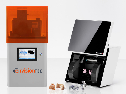 3D technology leaders EnvisionTEC and 3Shape are now selling a turnkey system to 3D scan, model and print in-ear devices. The package includes a 3Shape H600 3D scanner and a choice of two EnvisionTEC desktop printers, in addition to software and training. (Photo: Business Wire)