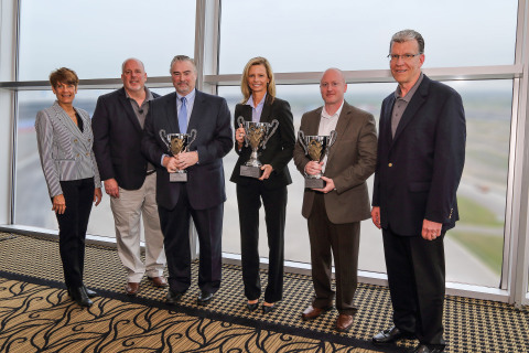 BNSF Railway was named the 2016 recipient of the President's Award for Logistics Excellence by Toyota Logistics Services for the third year in a row. Pictured left to right: D'Anne Duclos, Vice President, Toyota Logistics Services; Bill Barrett, Senior Rail & Truck Strategy and Operations Manager, Toyota Logistics Services; Dave Fleenor, Assistant Vice President Automotive, BNSF; Katie Farmer, Group Vice President Consumer Products, BNSF; Aaron Lakey, Director Automotive Sales, BNSF; and Lee Hobgood, General Manager Vehicle Transportation, Toyota Logistics Services. (Photo: Business Wire)