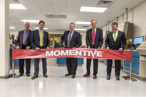 Michael Stout, Global Marketing Director Silanes; Samuel Conzone, Senior Vice President; Jack Boss, Chief Executive Officer and President; John Nicholson, Senior Director Research & Development Silanes and Erick Asmussen, Senior Vice President and Chief Financial Officer celebrate the opening of Momentive's new Charlotte Tire Research and Development Laboratory (Photo: Business Wire)