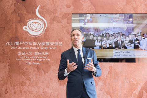 Howard Schultz, Starbucks executive chairman, addressing partners (employees) and their families on Tuesday, April 11, 2017 at the fifth Starbucks Partner Family Forum in Beijing, where the “Starbucks China Parent Care Program” was announced. (Photo: Business Wire) 