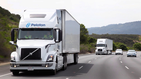 Two Volvo VNL 670 trucks platooning using the Peloton System. (Photo: Business Wire)