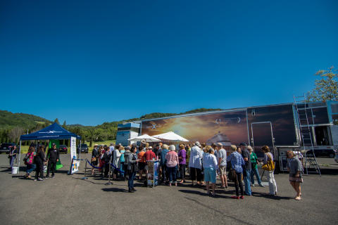 Photo taken by Kingsley Hurley. SIFF Attendees line up eagerly outside the Celebrity Cruises Mobile Cinema for the Sunday, April 2nd screening of "Goddesses of Food."