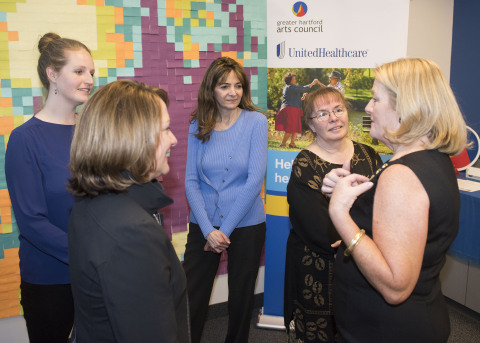 Elizabeth Winsor, CEO, UnitedHealthcare National Accounts (second from left), and Cathy Malloy, CEO, Greater Hartford Arts Council (GHAC; far right) talk to Katie Hanley from OakHill, Susan Mazar from Charter Oak Cultural Center and Karin Dionne from Harc, Inc. (left to right) about their 2017 GHAC “Arts + Wellness” Grants programs. Grants, supported by UnitedHealthcare, were given to four local arts organizations to produce programs that use creativity to enrich the lives and enhance the health and well-being of adults with physical disabilities and their families. [PHOTO CREDIT: Alan Grant, Digital Creations]