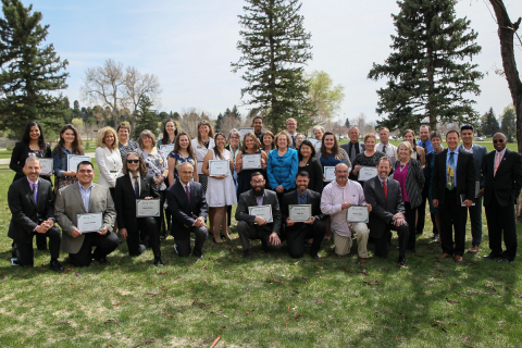 Pictured are the student leaders and their presidents from 13 community colleges that were honored at the April 11, 2017 Colorado Community College System Rising Star Awards. (Photo: Business Wire)