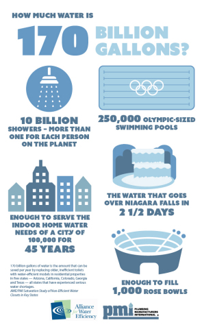 170 billion gallons of water is the amount that can be saved per year by replacing older, inefficient toilets with water-efficient models in residential properties in five states -- Arizona, California, Colorado, Georgia and Texas -- all states that have experienced serious water shortages. AWE/PMI Saturation Study of Non-Efficient Water Closets in Key States (Graphic: Business Wire)