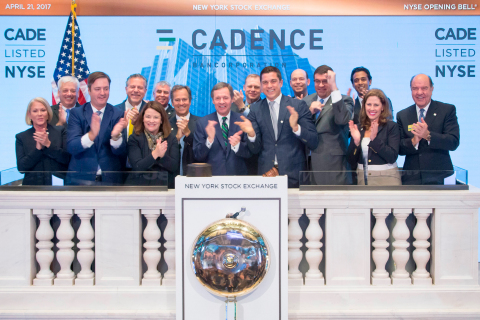 Executives and guests of Cadence Bancorporation (NYSE: CADE) visited the New York Stock Exchange today to commemorate the company's initial public offering and listing on April 13, 2017. In celebration of this occasion, Paul B. Murphy, Jr., chairman and CEO of Cadence Bancorporation, rings the Opening Bell. (Photo Credit: NYSE)