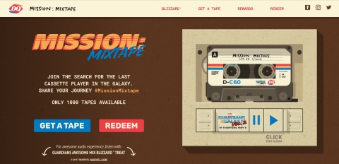 Starting April 26 at 12 p.m. CDT, Fans can claim one of 1,000 Mission Mixtapes at MissionMixtape.com. Once claimed, Fans must search the galaxy for a cassette player to play the tape and get a special code for prizes ranging from limited edition, cast-signed Marvel Studios’ “Guardians of the Galaxy Vol. 2” movie posters to DQ gift cards. Fans can share their missions or follow along with #MissionMixtape. (Photo: Business Wire)