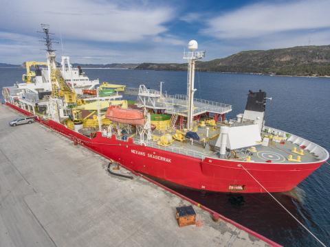 Nexans' cable laying vessel, the Skagerrak, recently arrived in Canadian waters with the first submarine cable for the Maritime Link Project. This vessel and its highly specialized crew will be instrumental in laying both submarine cables for the Project. (Photo: Business Wire)