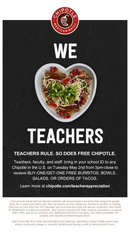 Chipotle celebrates teachers with a Buy One, Get One offer on May 2. (Graphic: Business Wire)