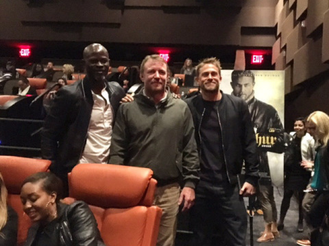 L-r Djimon Hounsou, Guy Ritchie and Charlie Hunnam surprise NYC audience at King for a Day advance screening of "King Arthur: Legend of the Sword," in theaters May 12 (Photo: Business Wire)