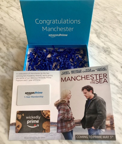 Amazon's Academy Award winning film, Manchester by the Sea, arrives on Prime for members to stream on Friday, May 5. To celebrate the film, Amazon will give every home in the town of Manchester-by-the-Sea, MA one year of Amazon Prime and a 3-pack of Wickedly Prime Popcorn. (Photo: Business Wire) 