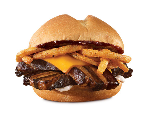 The Arby's Smokehouse Pork Belly Sandwich features two strips of thick pork belly topped with melted, smoked cheddar cheese, crispy onions, BBQ sauce and mayo on a toasted specialty roll. (Photo: Business Wire)