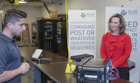 Klas Telecom Government Strategic Systems Engineer Herman Leybovich gives Congresswoman Comstock a demonstration of the new Voyager Tactical Data Center, Klas Telecom's latest product. (Photo: Business Wire)