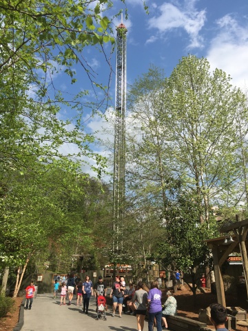 Dollywood's Drop Line, which opens to guests on Saturday, May 6, rises more than 20 stories above the trees in the park's Timber Canyon area. The new drop tower sits adjacent to Thunderhead. Whistle Punk Chaser, a new junior coaster, opens next to Drop Line later this season. (Photo: Business Wire)