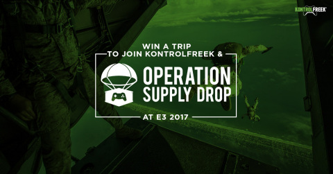 KontrolFreek® and Operation Supply Drop (OSD) are taking some lucky fans and a veteran to E3 2017. From now through May 31, fans who make a purchase at KontrolFreek.com will have the ability to donate to OSD, a military charity and support organization for veterans and active duty military personnel. Every fan who donates will be entered into a sweepstakes to win an all-expenses-paid trip to Los Angeles to attend E3 (June 14-16), which will highlight the year’s biggest video game releases for PlayStation, Xbox, Nintendo and PC gaming systems. (Graphic: Business Wire)
