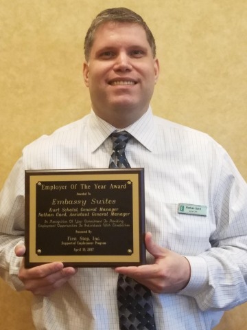 Nathan Gard, assistant general manager at JQH’s Embassy Suites by Hilton Hot Springs Hotel & Spa, accepted the Employer of the Year Award on behalf of the 246-suite property in Arkansas. During First Step, Inc.’s annual Supported Employment Banquet, the organization recognized the upscale hotel’s commitment to providing employment opportunities to individuals with disabilities. (Photo: Business Wire)