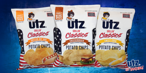 New Utz® Grillin’ Classics™ Potato Chips with flavors that include Cheeseburger, Sweet Corn, and Grilled Hot Dog. (Photo: Business Wire)