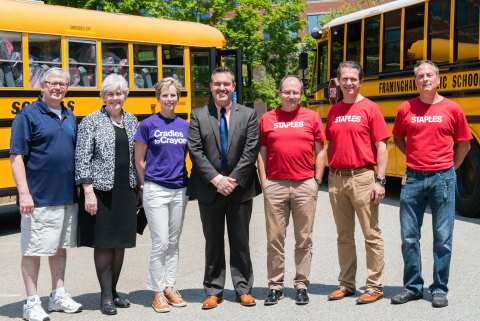 (Left to right) Fran Hurley, President of Boys & Clubs of MetroWest; Dr. Catherine Latham, Superintendent of Lynn Public Schools; Lynn Margherio, Founder and CEO of Cradles to Crayons; Dr. Robert Tremblay, Superintendent of Framingham Public Schools; Regis Mulot, Chief Human Resources Officer of Staples and Staples Foundation Executive Vice President; Peter Scala, Chief Merchandising Officer of Staples, and Wendell Butler, Regional Vice President Supply Chain of Staples. (Photo: Business Wire)