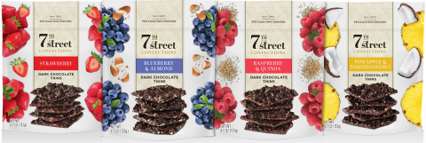 The first Dark Chocolate Thins assortment flavors from 7th Street Confections include: raspberry & quinoa; strawberry; blueberry & almond; and pineapple & toasted coconut. (Photo: Business Wire)