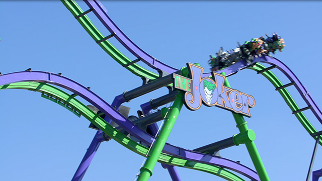 THE JOKER at Six Flags Over Texas is a 12-story, freestyle-coaster with a 90-degree hill that flips riders head-over-heels at least six times as they travel through a thrilling and weightless journey.