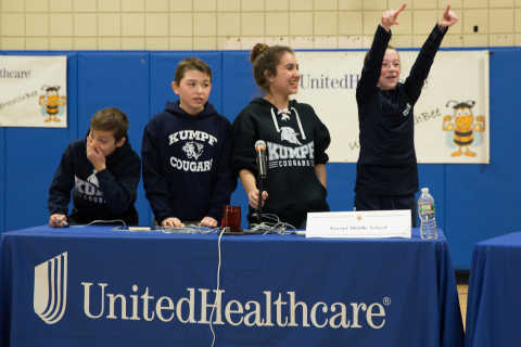 Seventh graders from Carl H. Kumpf Middle School celebrate adding another point to the scoreboard, leading to their victory at the 2017 UnitedHealthcare Health Bee competition in Scotch Plains, N.J. From left to right: Vincent Benevento, Matt Brophy, Danae Arbello and Anna Ninashvilli (Photo: Clutch Shot Productions).