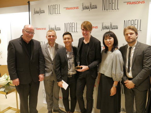 NORELL x PARSONS x NEIMAN MARCUS Award Reception:(from L to R) Donald Loftus, President of Parlux Ltd. and Chairman of The Fashion Group International, Burak Cakmak, Dean of the School of Fashion, Parsons School of Design, Anthony Galante, student winner, Ken Downing, Senior Vice President and Fashion Director of Neiman Marcus, Yujin Heo, Vice President, Creative at Neiman Marcus, and Jasonpaul McCarthy, Director, AAS Fashion Design &AAS Fashion Marketing, Parsons School of Design, posing with the Norell Elixir Fragrance launched in Fall 2016 (Photo: Business Wire)