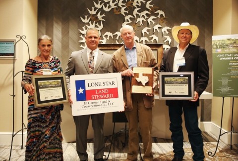 CEMEX USA presented with the 2017 Lone Star Land Steward Award for the Trans Pecos Ecoregion by the Texas Parks and Wildlife Department. (Pictured from left to right: Bonnie McKinney, El Carmen Land & Conservation Co., LLC; Scott Ducoff, CEMEX USA; Josiah Austin, El Carmen Land & Conservation Co., LLC; and Billy Pat McKinney, El Carmen Land & Conservation Co., LLC) (Photo: Business Wire)