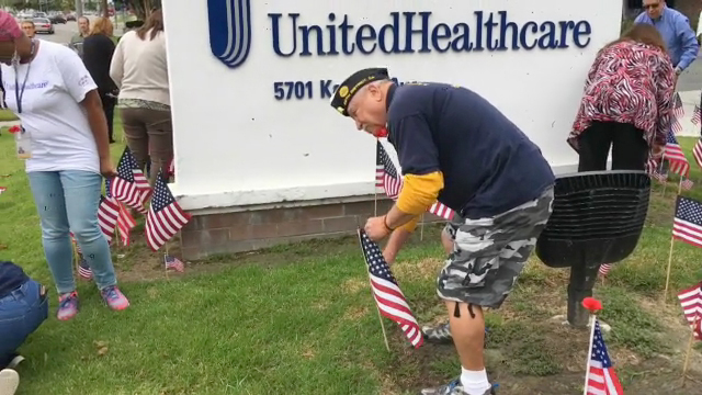 UnitedHealthcare employees for the fourth year honored America’s veterans and service members this Memorial Day by placing more than 1,800 U.S. flags in front of the company’s California headquarters in Cypress. Employees were joined by members of American Legion Cypress Post 295 who shared their personal stories and also placed the flags in front of the building (Video: Kevin Herglotz).