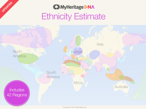 MyHeritage DNA provides customers with a percentage-based estimate of their ethnic origins covering 42 ethnic regions, more than any other major DNA company. (Graphic: Business Wire)