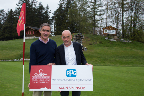 Jean-Marie Greindl (left), PPG senior vice president, global architectural coatings, and president, PPG Europe, Middle East and Africa, and Tournament Director Yves Mittaz, at Omega European Masters Golf organization, celebrate PPG's sponsorship of the Omega European Masters Golf Championship, scheduled for 7-10 September at the Crans-sur-Sierre Golf-Club in Crans-Montana, Switzerland. (Photo: Business Wire)
