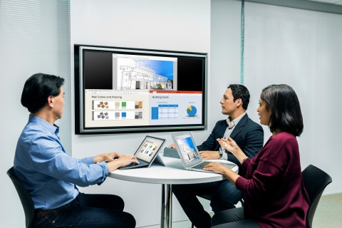 The new Polycom Pano is the easiest way to share content in a business meeting and can share up to four streams of simultaneous content side-by-side, from any device, without the hassle of juggling cables, pucks or dongles. (Photo: Business Wire)