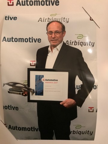 Ami Dotan, CEO of Karamba Security, accepting TU-Automotive's award for Best Auto Cybersecurity Product/Service on June 6. (Photo: Business Wire)