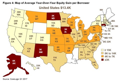 Figure 4: CoreLogic Map of Average Year-Over-Year Equity Gain per Borrower (Graphic: Business Wire)