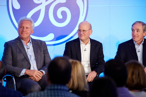 Boston, MA: Jeff Immelt, GE chairman and CEO, John Flannery, CEO at GE Healthcare, and Jack Brennan, Lead Independent Director, GE Board of Directors, during an all employee broadcast announcing Jeff Immelt’s retirement as CEO and John Flannery as his successor effective August 1, 2017. (Photo:GE)