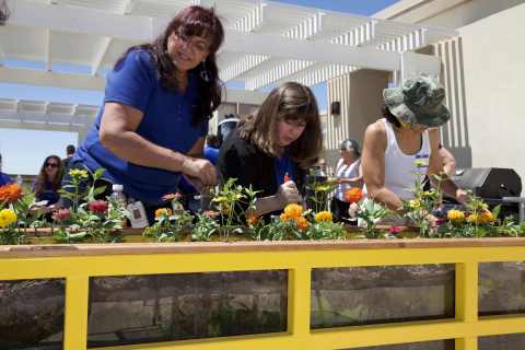 UnitedHealthcare employees and residents of The Imperial Building plant flowers for pollination for a rooftop garden funded through a grant by UnitedHealthcare and YES Housing. L to R: UnitedHealthcare employees Sharon Tafoya and Mary Ann Hennigan, and The Imperial Building resident Vanessa Sanchez (Photo: David Martinez).
