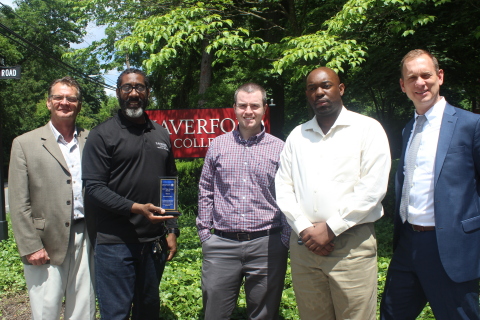 Haverford College -- From left to right: Tom Hazel, North American Channel Director, Pitney Bowes; Fred Howard, Manager, Central Services, Haverford College; Geoff Labe, Director, Conferences/Events & Campus Center Services, Haverford College; Terrell Hudgins, Assistant Director, Conferences/Events & Campus Center Services, Haverford College; and James Vytlacil, Major Accounts Manager, Pitney Bowes (Photo: Business Wire)