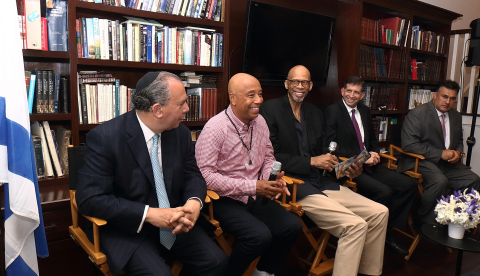 In the photo (Left To Right): Rabbi Marc Schneier (President - Foundation for Ethnic Understanding), Russell Simmons (Chairman - Foundation for Ethnic Understanding), Kareem Abdul-Jabbar, Consul General Sam Grundwerg, Mahomed Akbar Khan (Muslim community activist). (Photo credit: Michelle Mivzari)