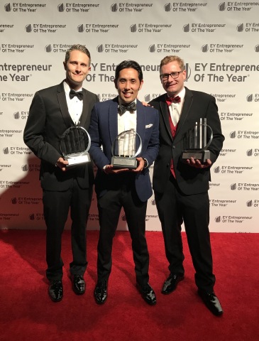 From left to right: Tyner Brenneman-Slay, Co-Founder and Chief Operating Officer, Ryan Iwamoto, Co-Founder and Chief Marketing Officer, and David Allerby, Co-Founder and Chief Executive Officer, accept their awards at the Greater Los Angeles Awards Gala at The Beverly Hilton. (Photo: Business Wire) 